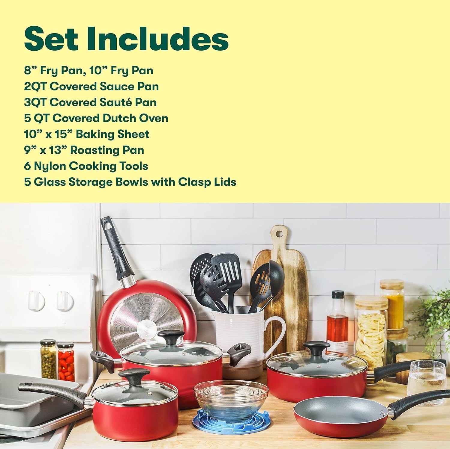 21Pcs Red Nonstick Cookware Set with Glass Lids Bakeware Utensils Bowls