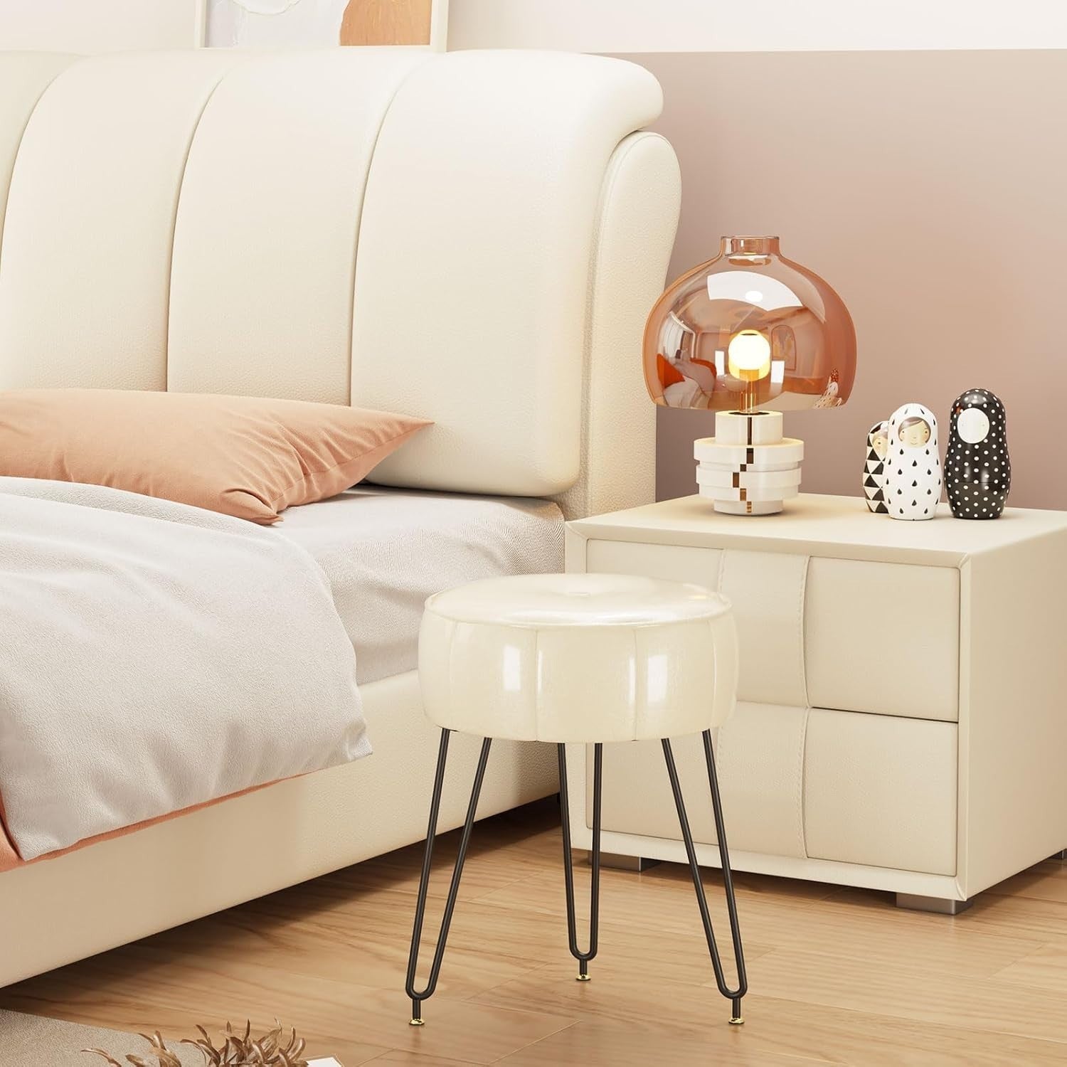 White Faux Leather Pumpkin Vanity Stool Round Modern Footrest Seat