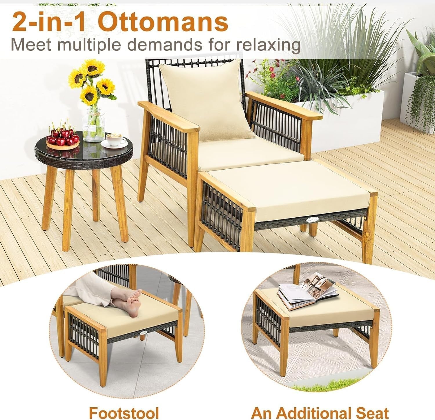 5 Piece Rattan Garden Sofa Set with Chairs Ottomans Glass Table Patio