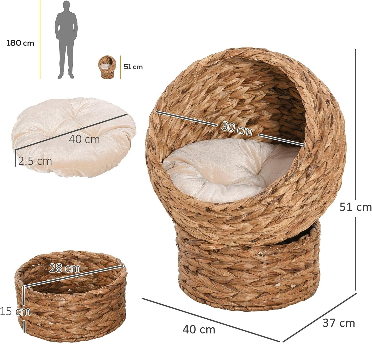 Raised Wicker Cat House Bed Water Hyacinth Basket w Soft Cushion