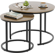 2-Piece Nesting Round Coffee Table Set with Oak Top & Black Metal Frame