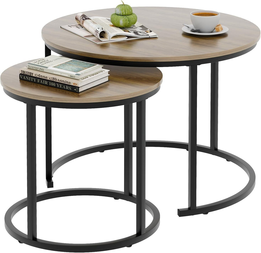 2-Piece Nesting Round Coffee Table Set with Oak Top & Black Metal Frame