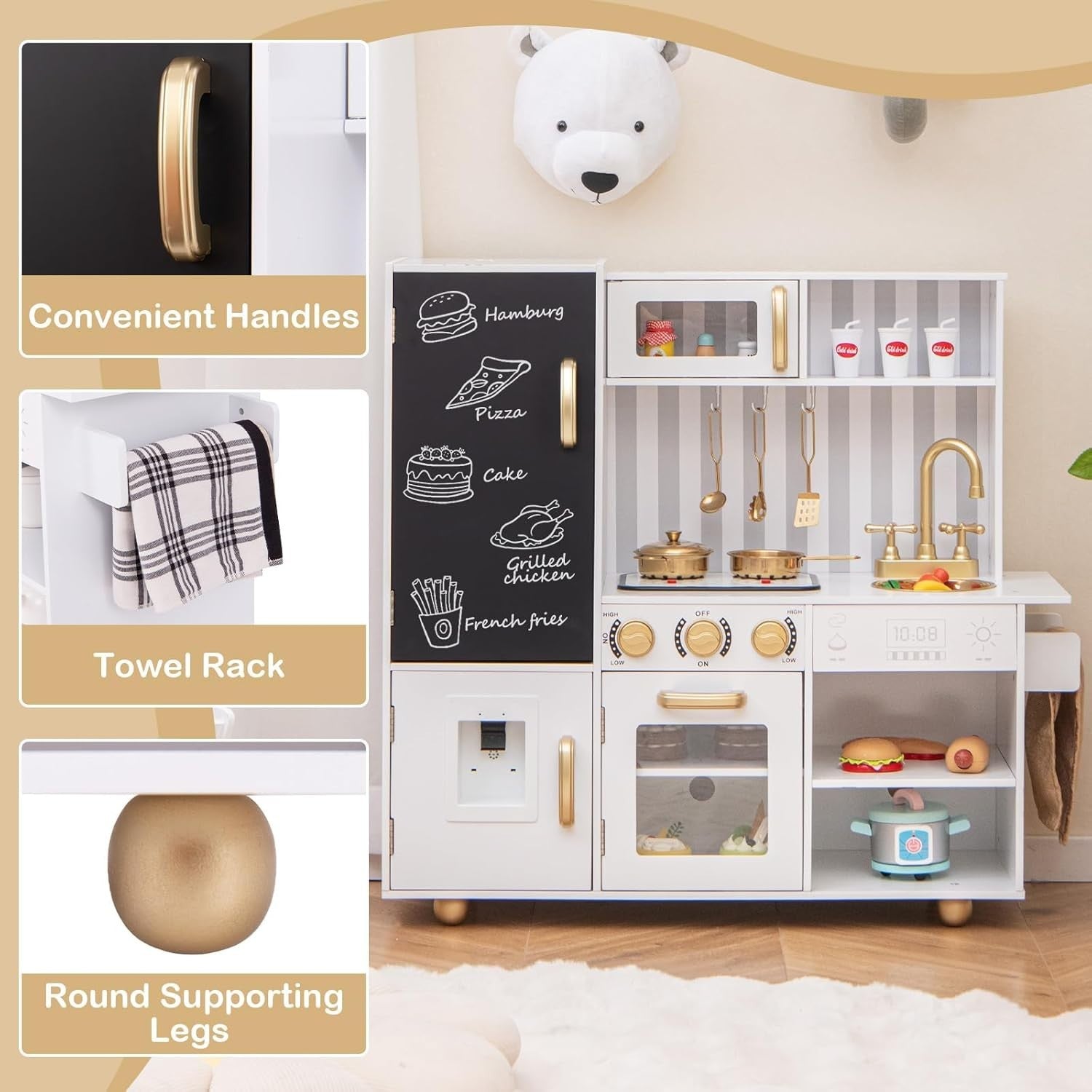 Kids Wooden Play Kitchen w/ Lights Sounds Blackboard White Gold