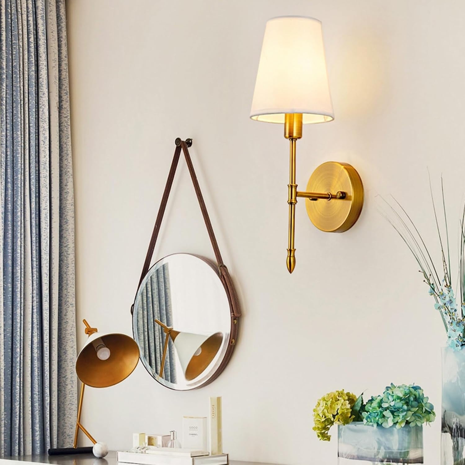 Gold Wall Sconce Lights Set of 2 Battery Operated LED No Wiring Remote Dimmer