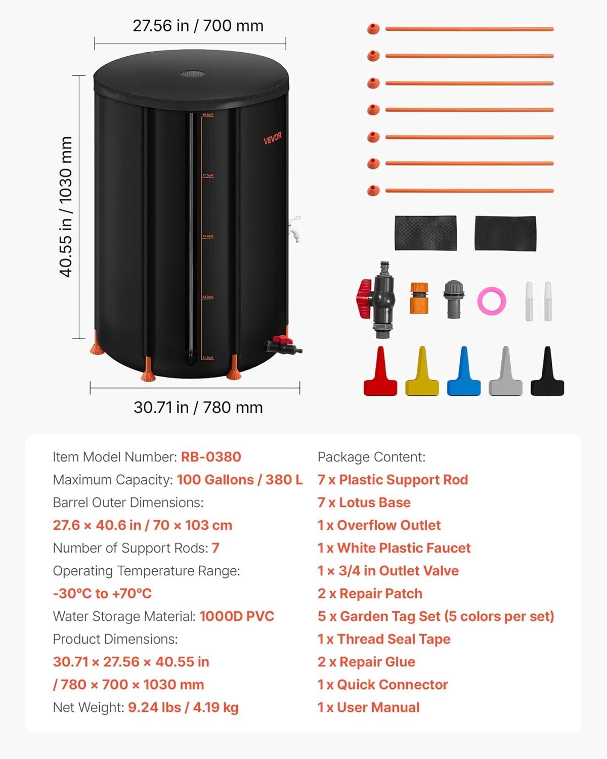 380L Collapsible Rain Barrel With Spigot Overflow Kit Black Garden Water Catcher