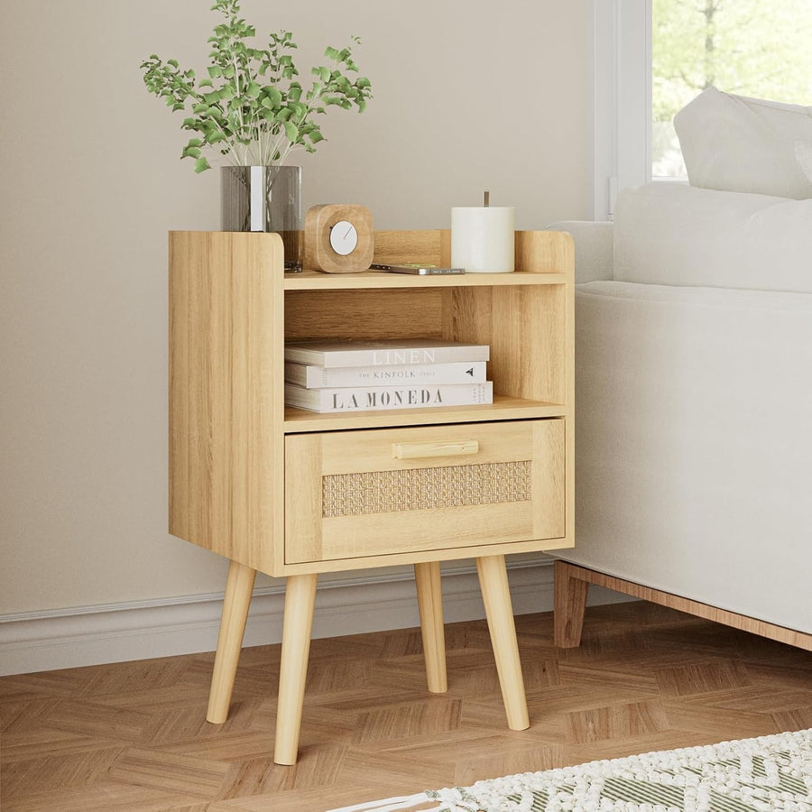 Rattan Bedside Table with Drawer & Shelf – Natural Wood Accent Nightstand