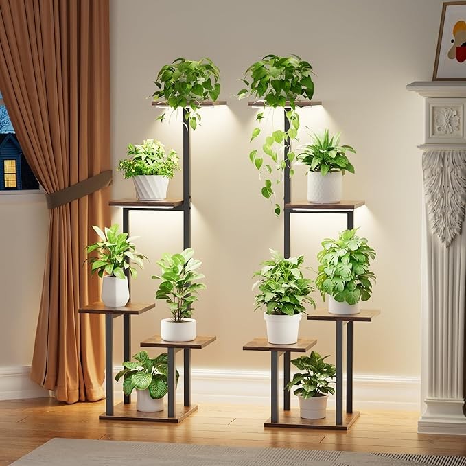 5 Tier Metal Plant Stand with Grow Lights Indoor Corner Shelf Set of 2, 100cm Ta