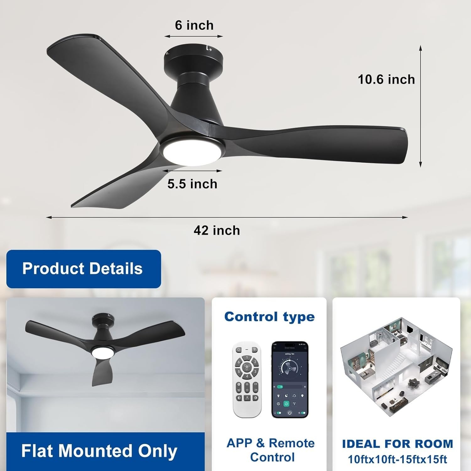 42" Ceiling Fan Light, 3-Blade Low Profile LED, Quiet Reversible Black