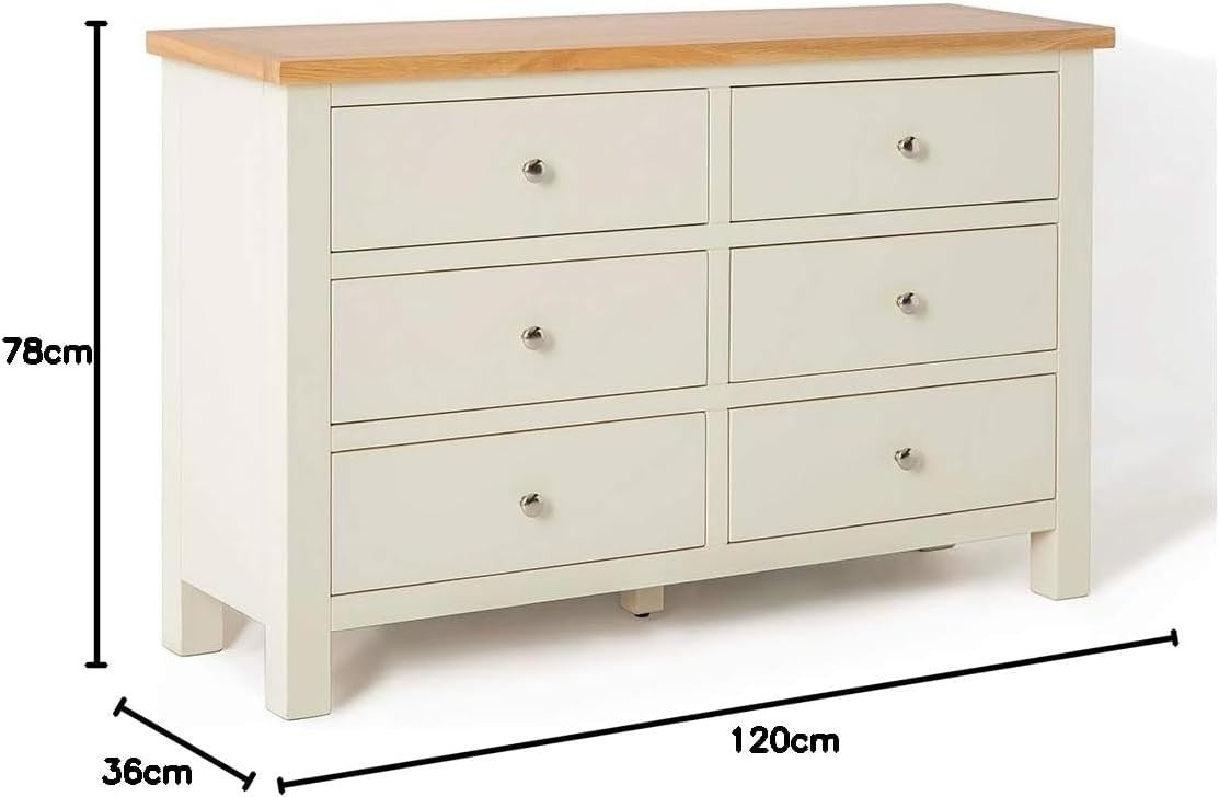 Large Cream Wooden Chest of Drawers 6 Spacious Storage Oak Top 78x120cm