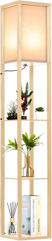 Floor Lamp with Shelves Wooden Standing LED Light Storage Display Natural Wood