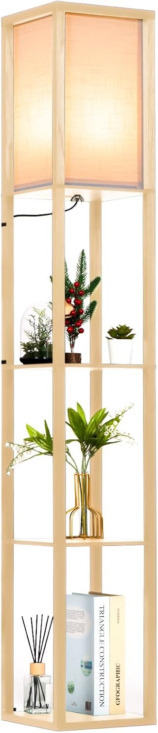 Floor Lamp with Shelves Wooden Standing LED Light Storage Display Natural Wood
