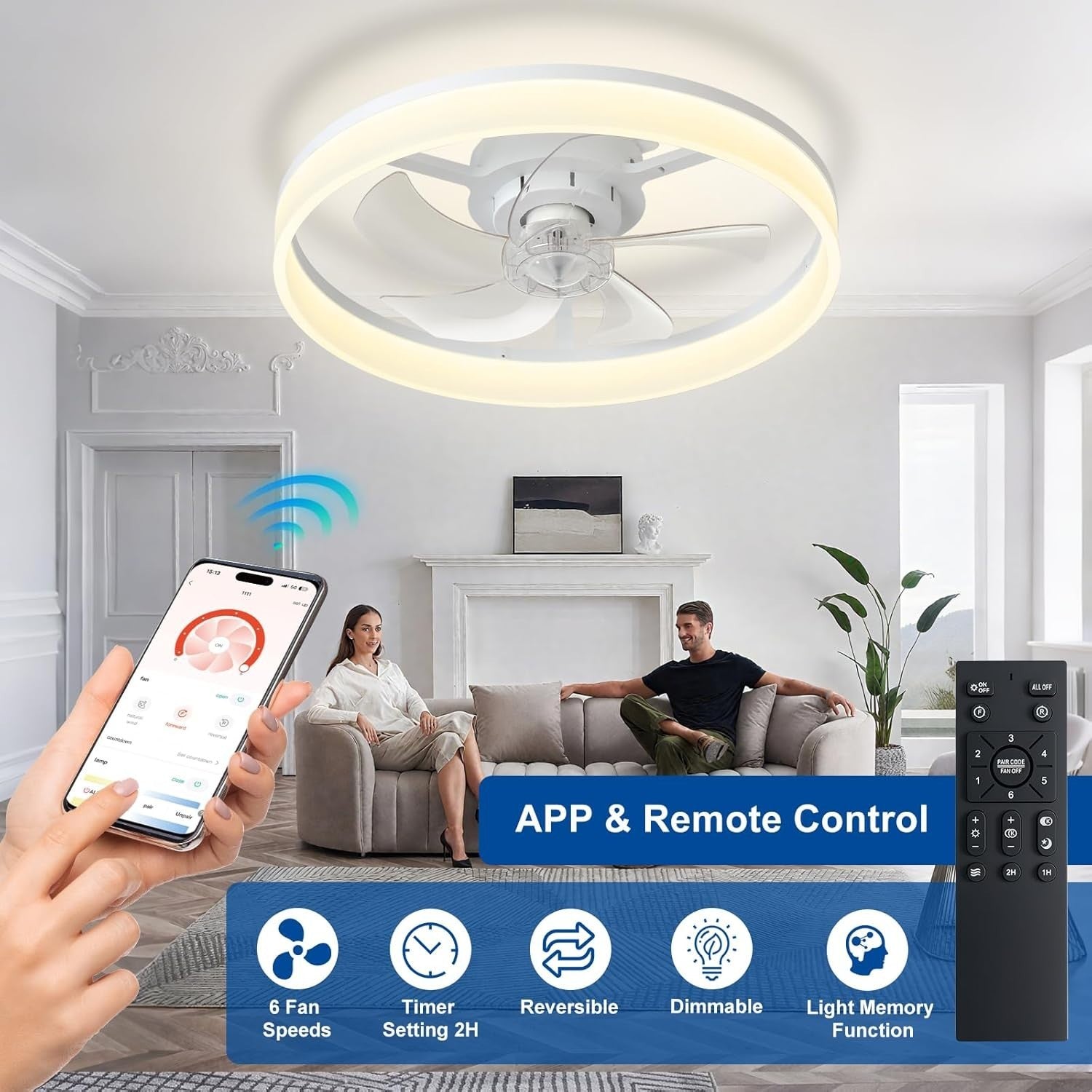 20" LED Ceiling Fan with Light, Remote & App Control, Dimmable, White Bladeless