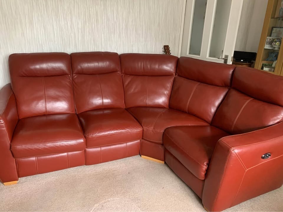 Rustic Red Leather Corner Sofa + Armchair (PTP)