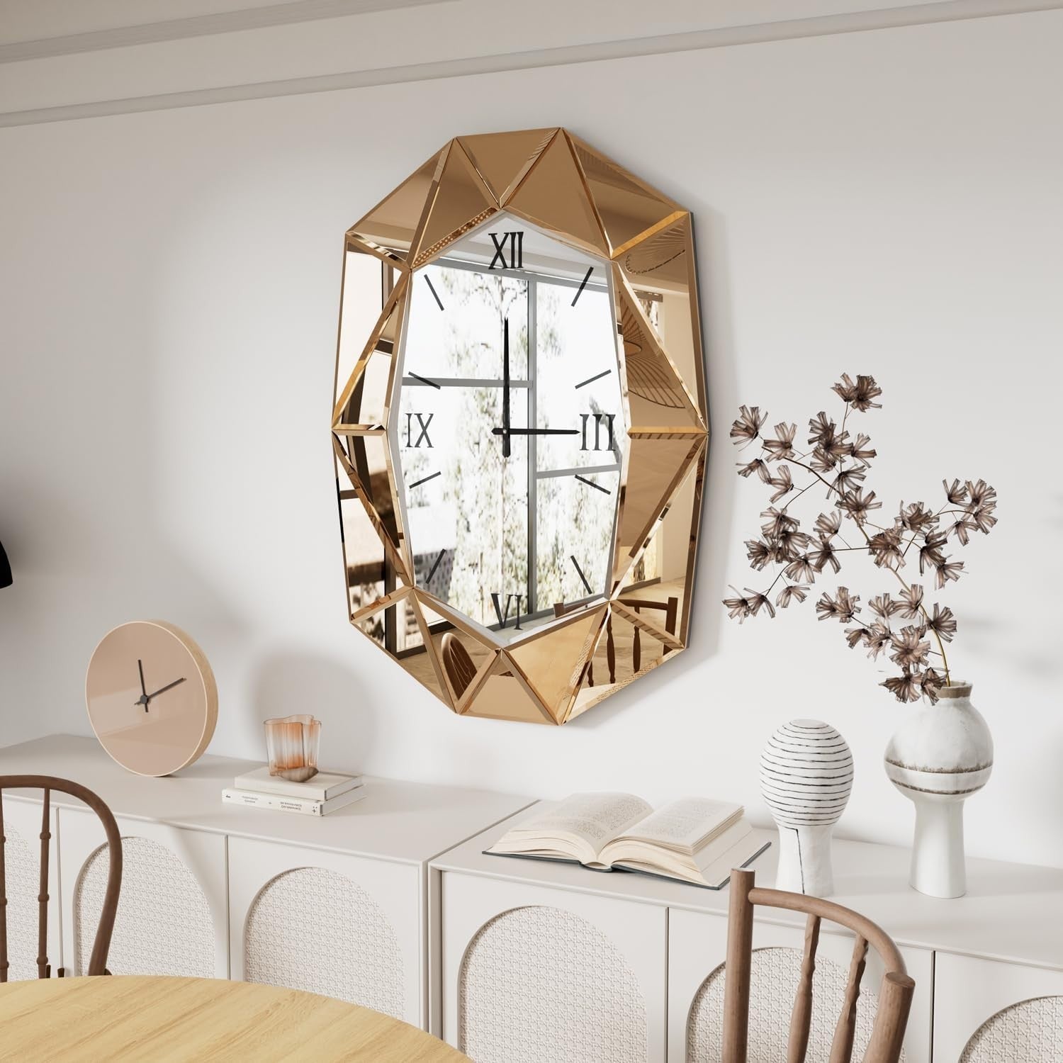 Beveled Glass Wall Clock Mirror with Roman Numerals 100x72cm Luxury Decor