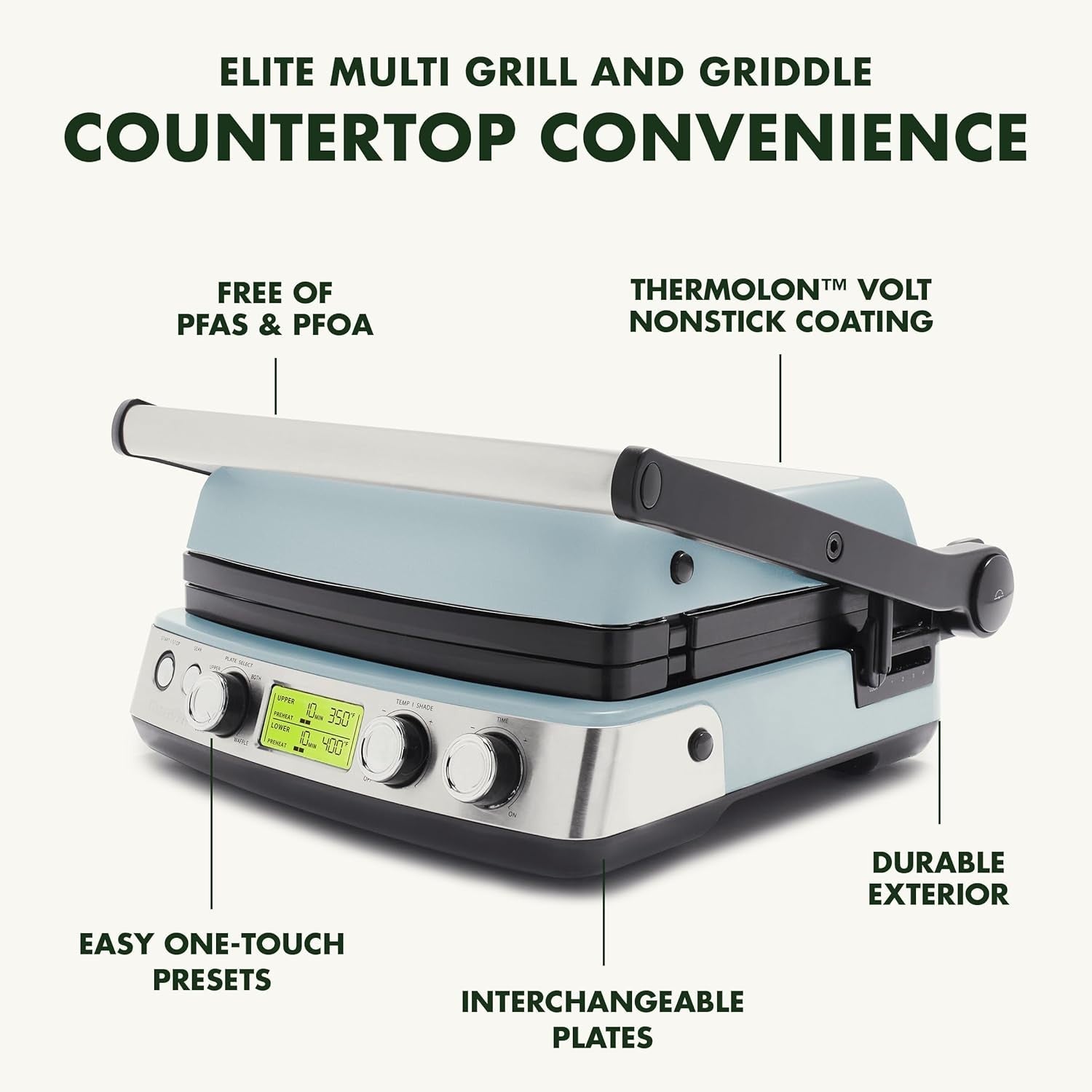 6-in-1 Contact Grill & Griddle Ceramic Non-Stick Adjustable Temp 350W