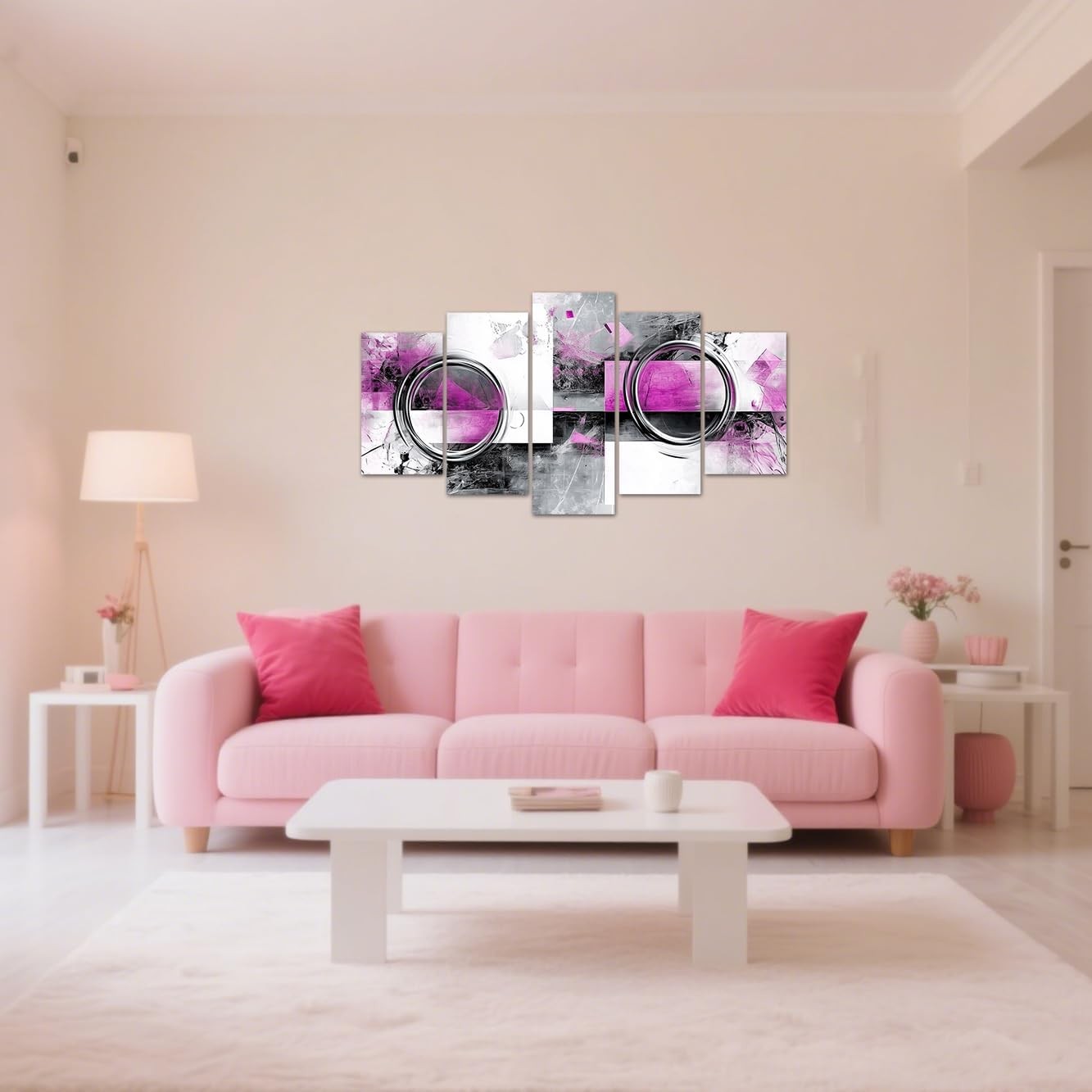 Pink Grey Abstract Canvas Wall Art 5 Piece Framed Set