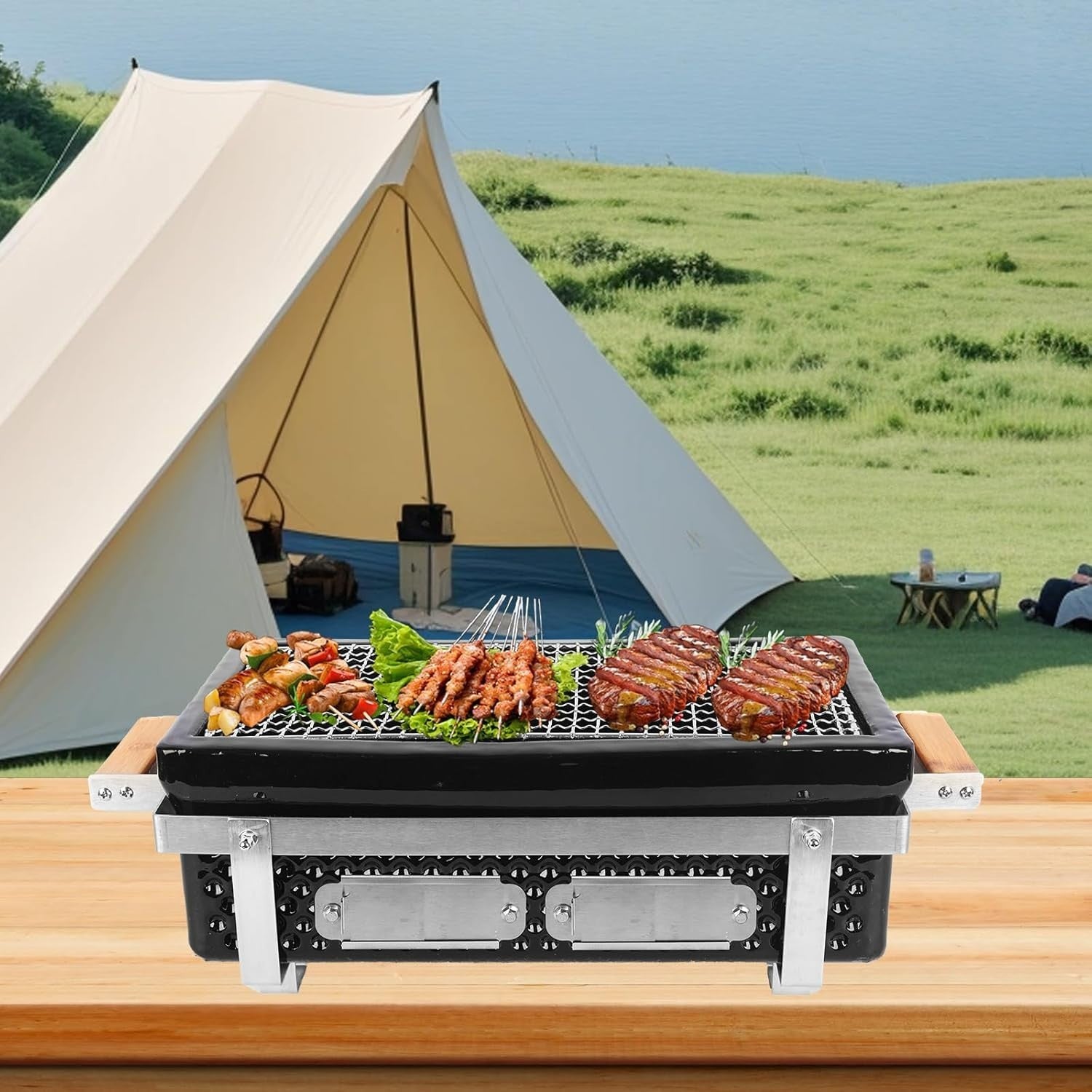 Portable Tabletop Charcoal BBQ Grill Non-Stick Ceramic Clay Stove Indoor Outdoor