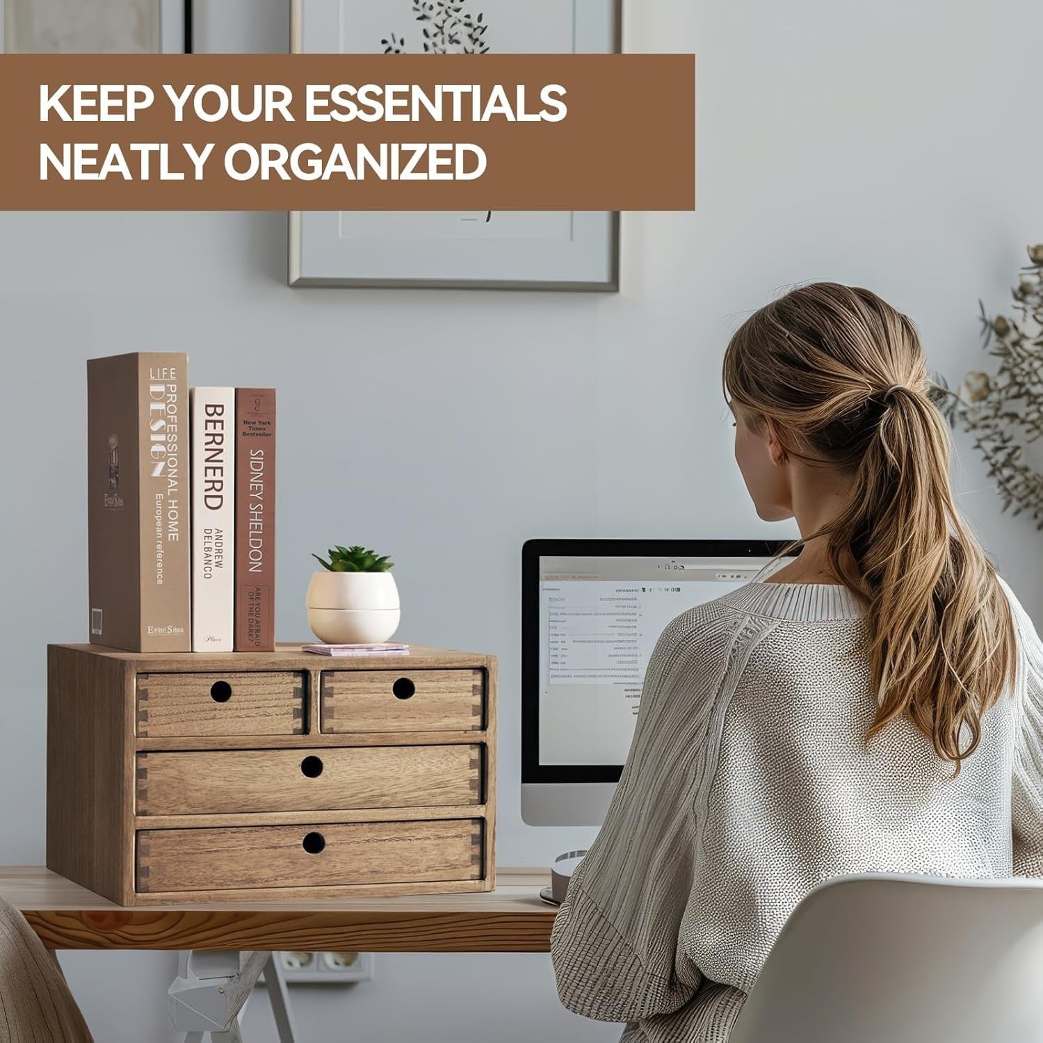 Wood Desktop Organizer 4 Drawer Office Storage Makeup File Box