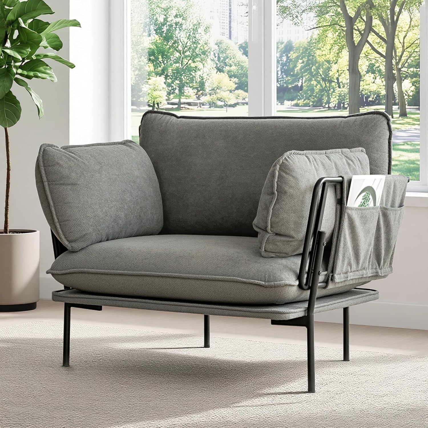 Modern Grey Upholstered Accent Armchair with Metal Frame – Cozy Lounge