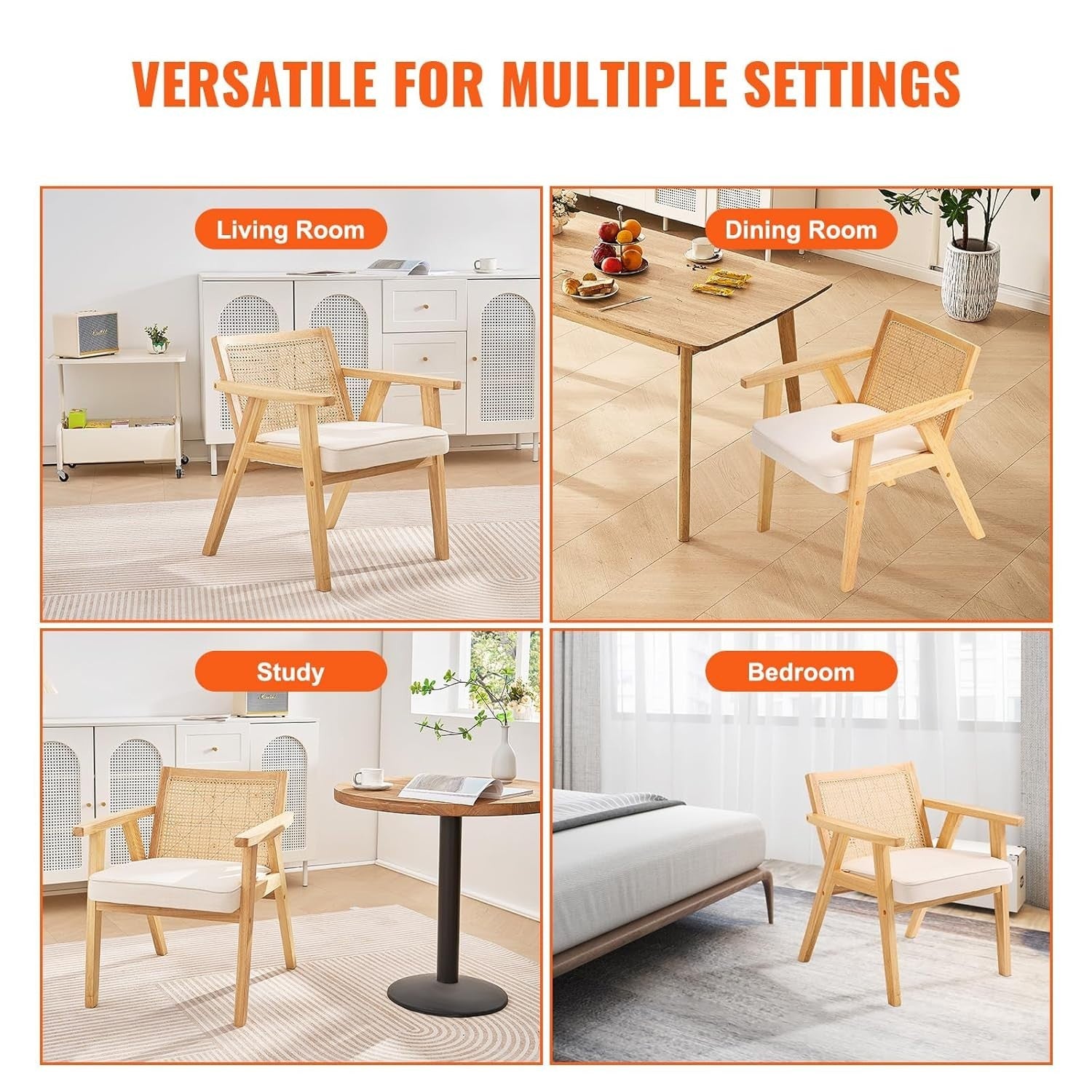 Rattan Armchair with Cushion Wooden Frame Modern Dining Lounge Chair Beige