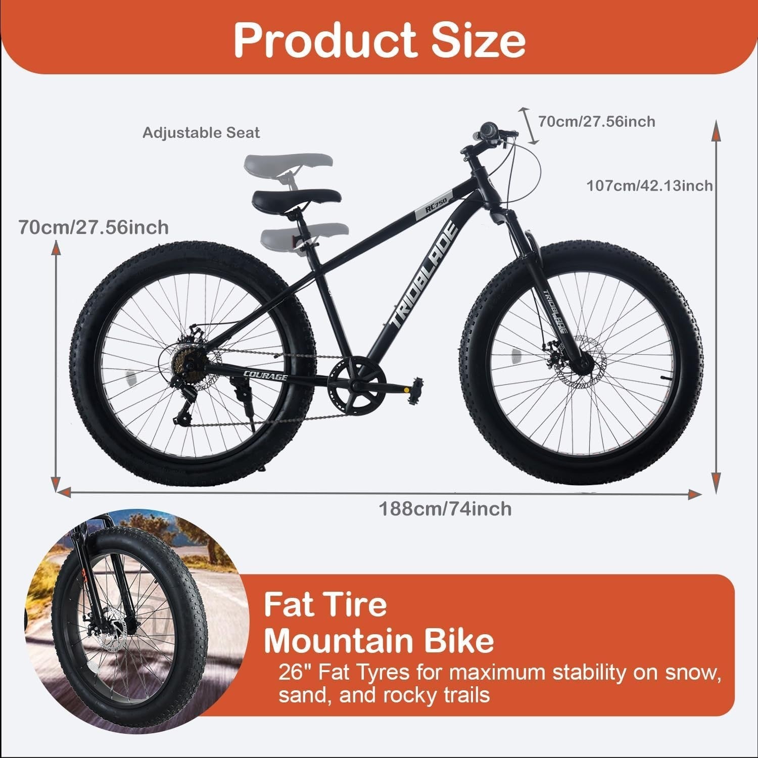 26" Fat Tyre Bike Mens Womens 7 Speed Full Suspension MTB Disc Brake