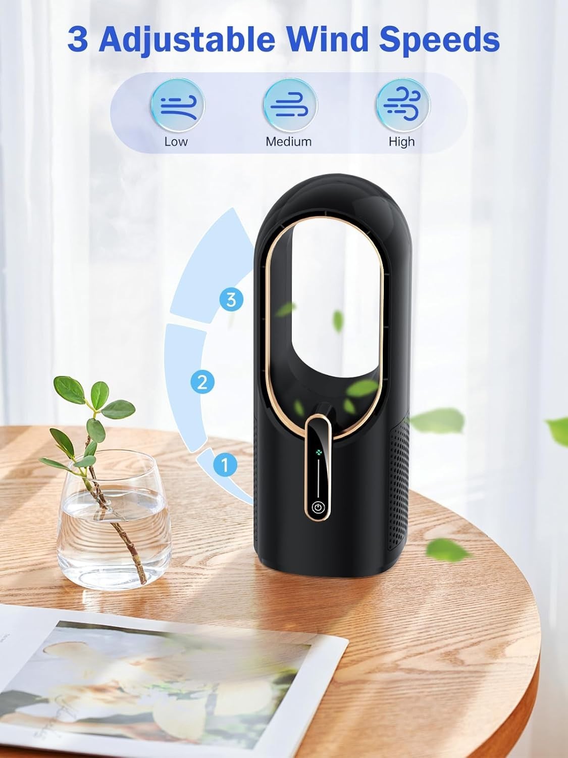 Bladeless Desk Fan Black – Portable Rechargeable Quiet Table Fan 3 Speeds Touch