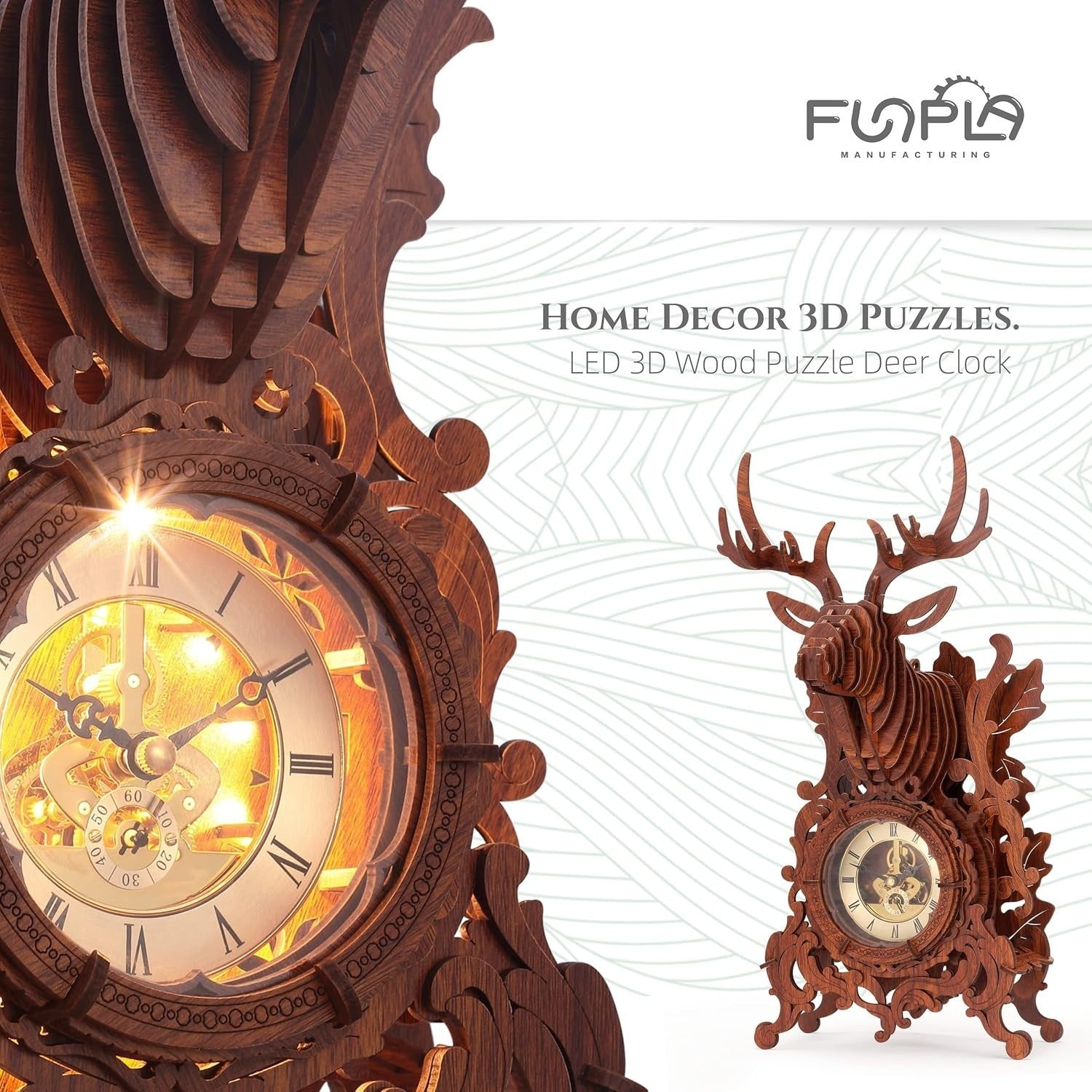 3D Wooden Elk Clock Puzzle with LED Light, DIY Home Decor Gift