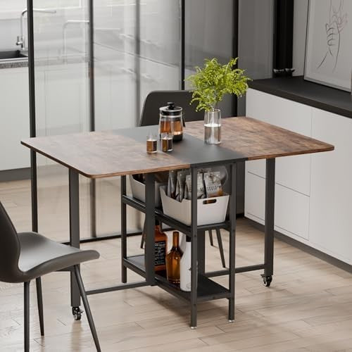 Rustic Brown Drop Leaf Folding Dining Table with Storage 120cm