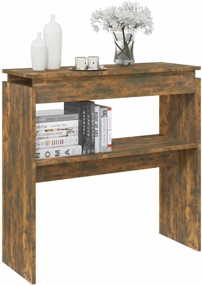Compact Smoked Oak Console Table with Storage Shelf, 80x30x80cm