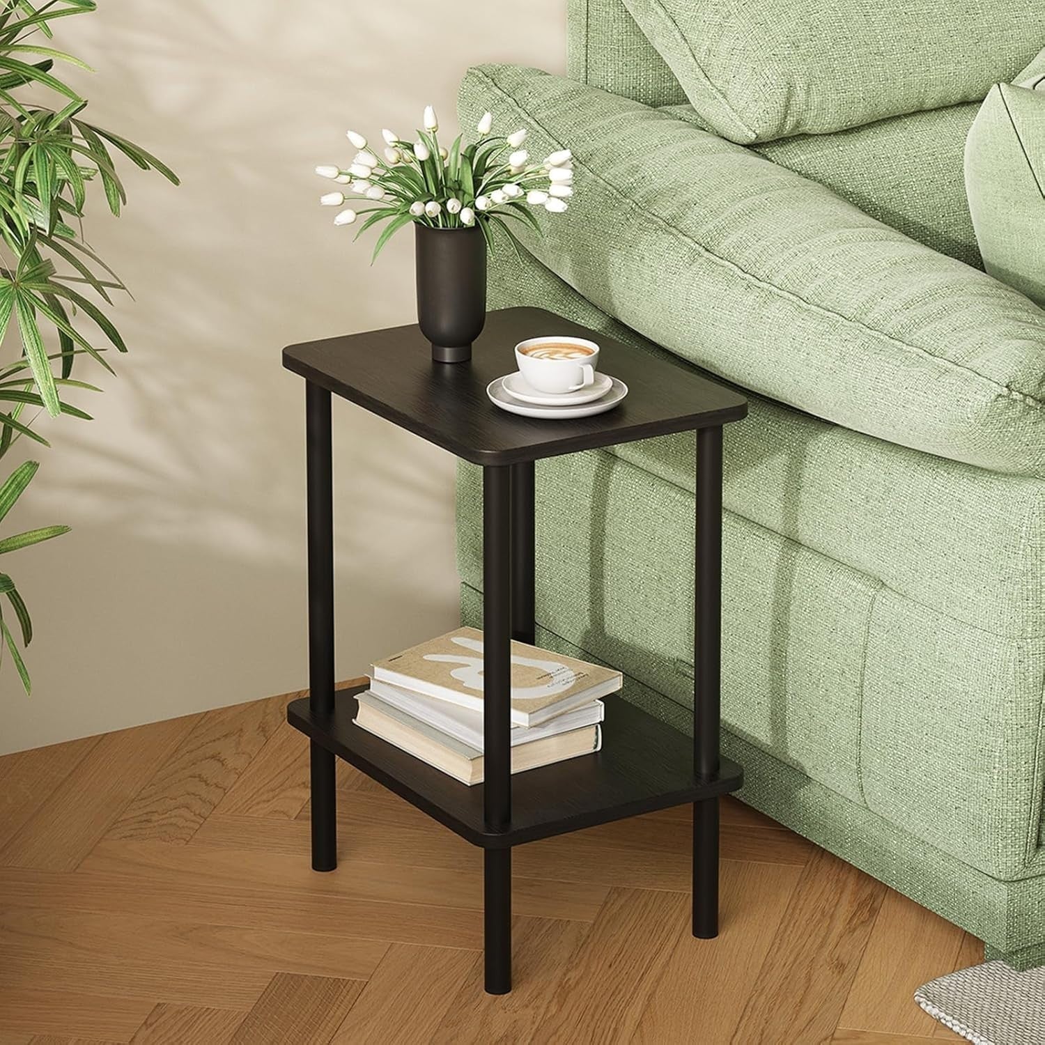 Compact 2-Tier Wooden Side Table, Narrow Bedside Storage, Black Finish