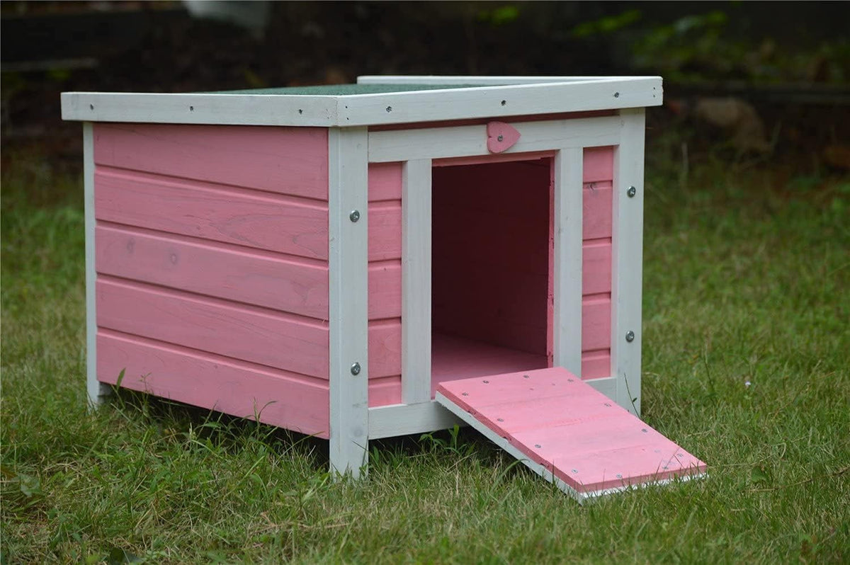 Wooden Rabbit Hide House Outdoor Small Animal Shelter Run Pink Weatherproof
