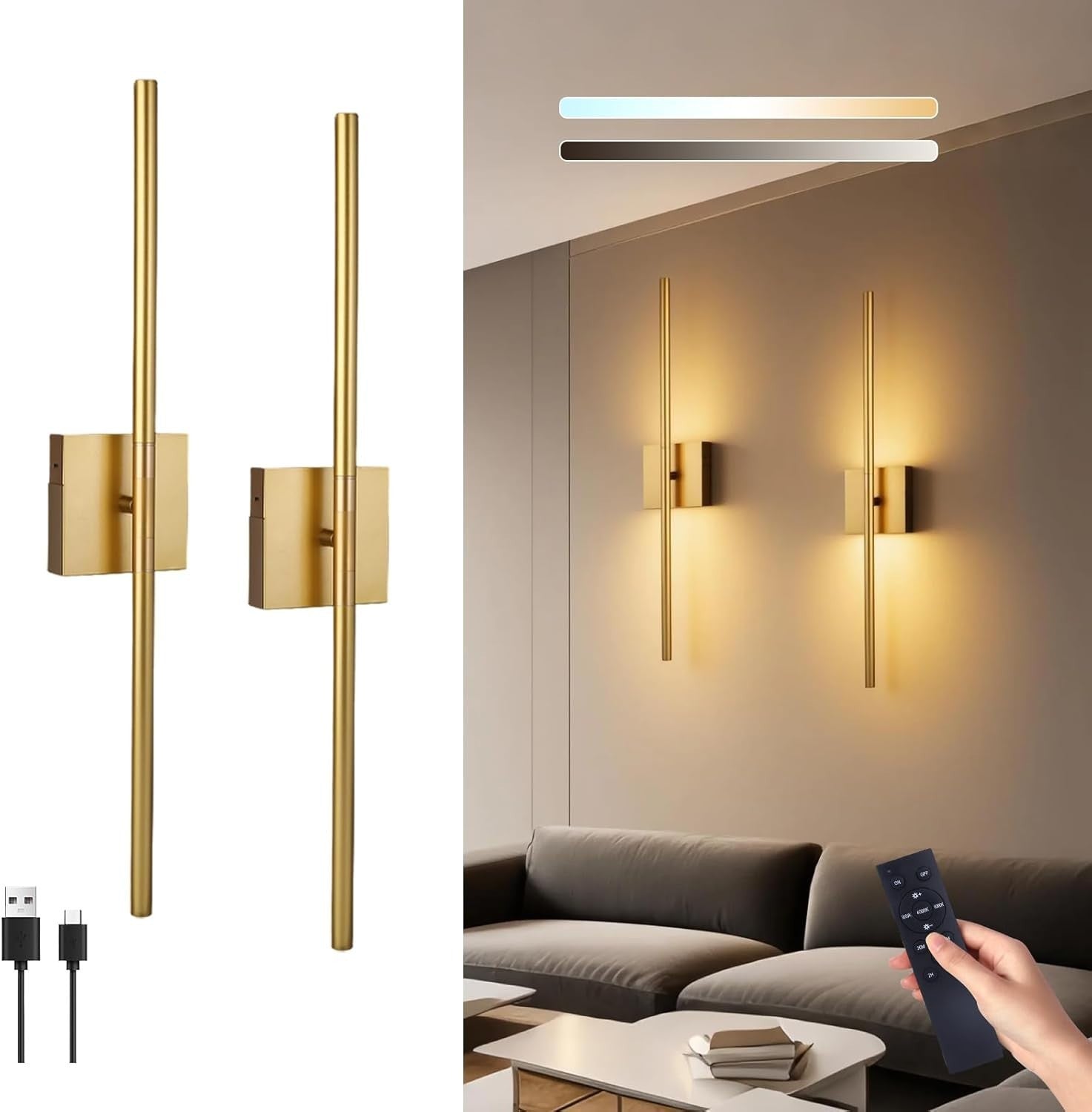 Rechargeable LED Wall Lights 2-Pack Dimmable Touch Remote 3 Color 70CM Gold