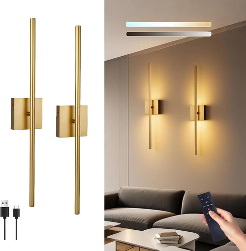 Rechargeable LED Wall Lights 2-Pack Dimmable Touch Remote 3 Color 70CM Gold