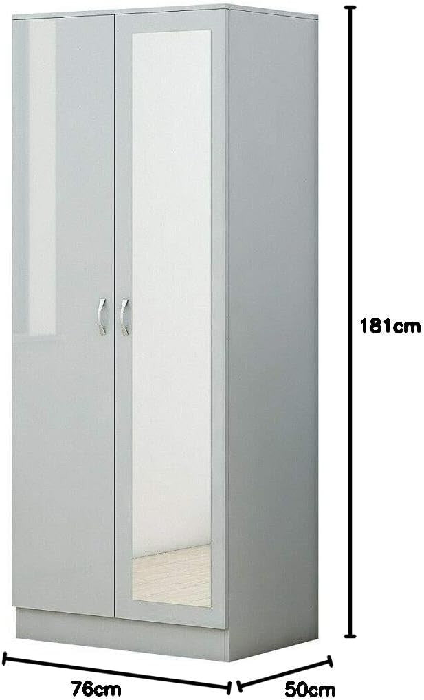 Grey Gloss 2-Door Mirrored Wardrobe with Hanging Rail & Lockable Storage
