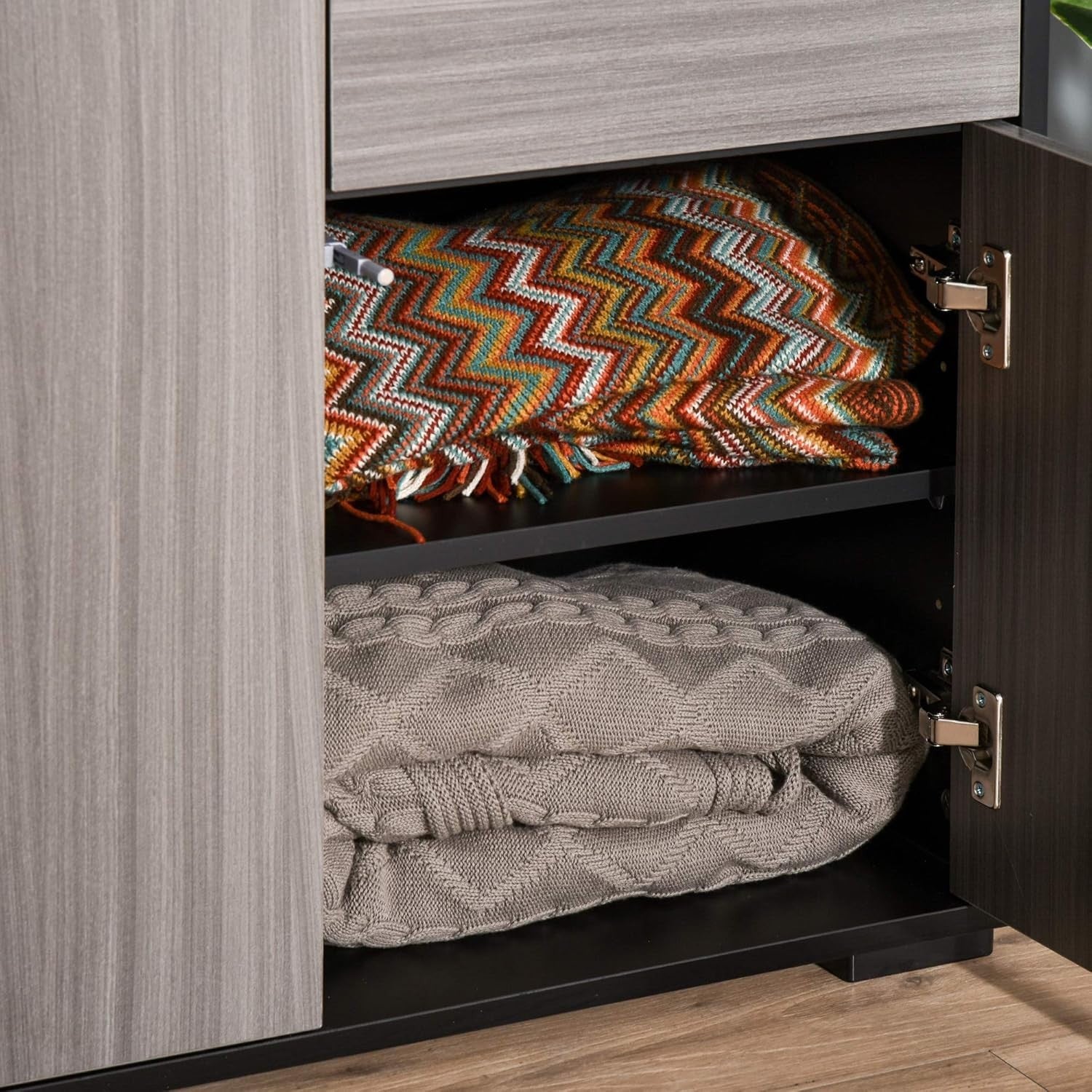 Modern High Gloss Sideboard Cabinet with 2 Drawers & Push-Open Doors Grey