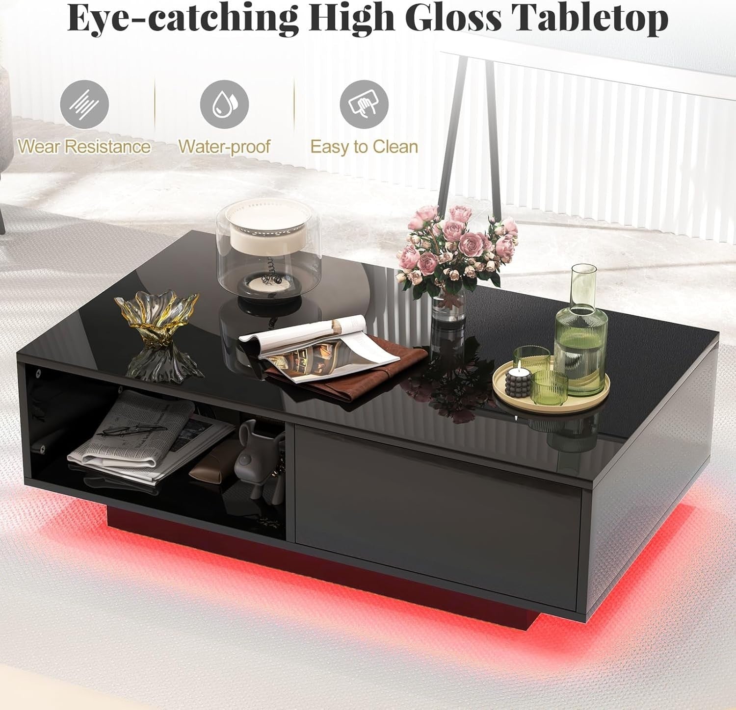 Modern LED Coffee Table with Storage Drawer – 20 Colour Lights, Black