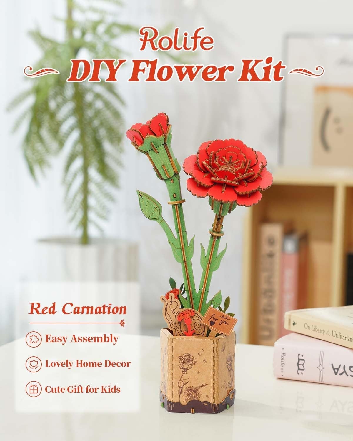 3D Wooden Red Carnation Puzzle Kit – DIY Flower Craft Gift & Decor