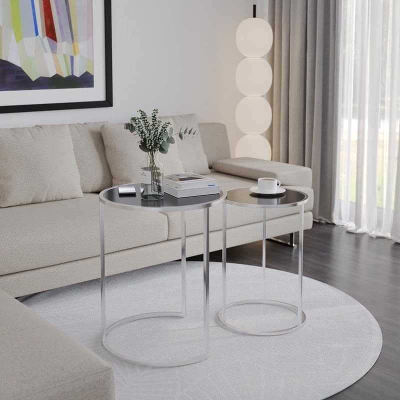 Set of 2 Round Nesting End Tables Glass Top Chrome Legs Modern Living Room