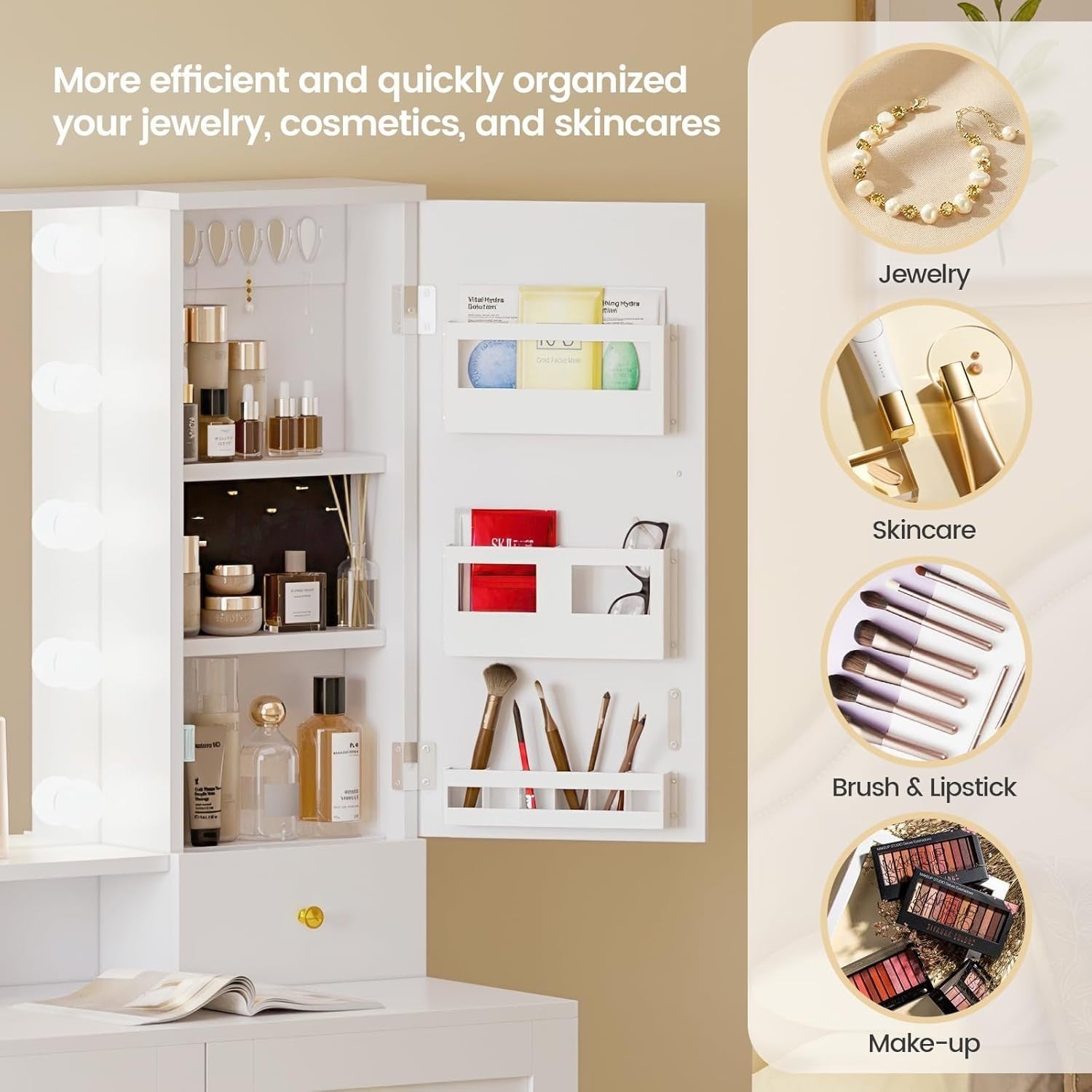 Vanity Table Desk Set w/ LED Mirror USB Ports Stool Drawers Mobile Cart White