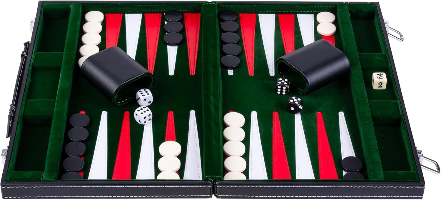 15” Backgammon Set Luxury Faux Leather Attache Case Green Travel Board