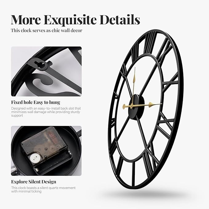 30" Large Silent Metal Wall Clock Modern Black Roman Numeral Home Decor