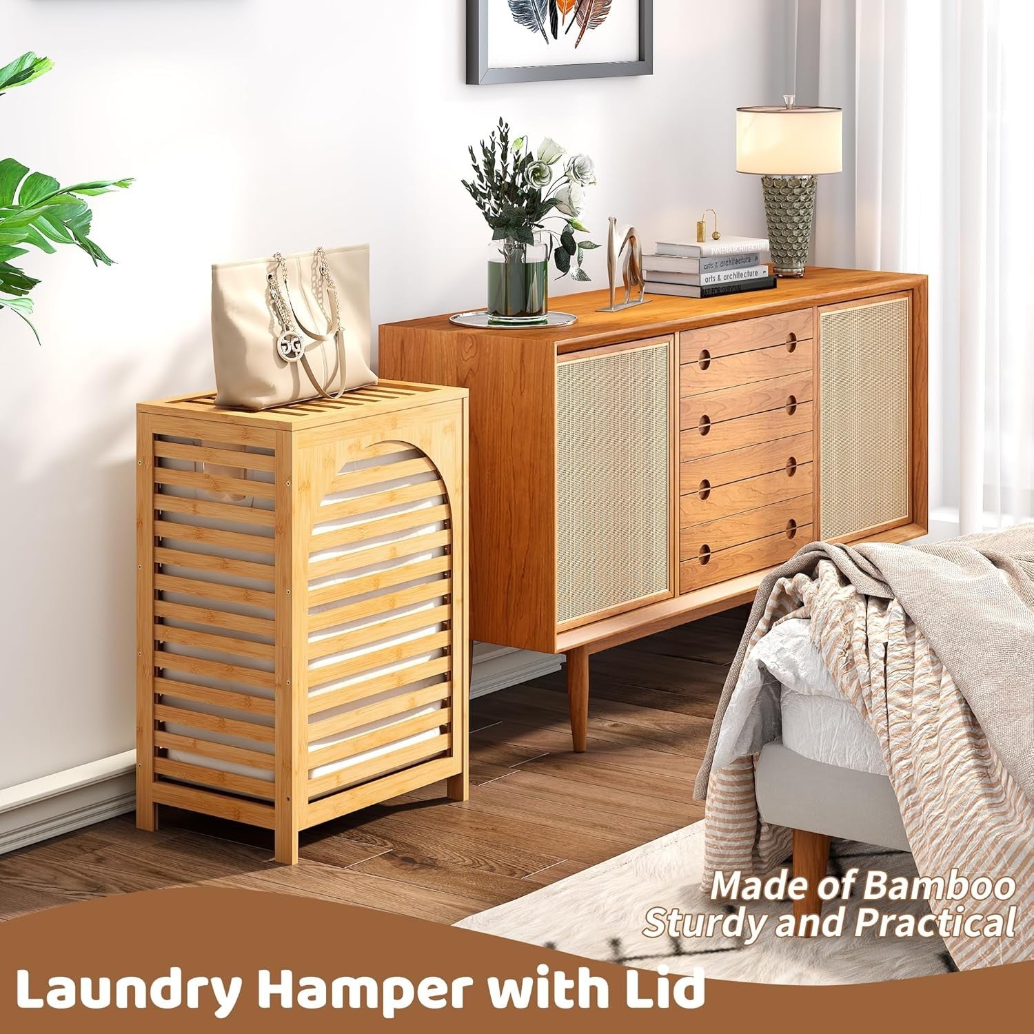 85L Bamboo Laundry Hamper with Lid Large Clothes Basket Removable Liner Natural