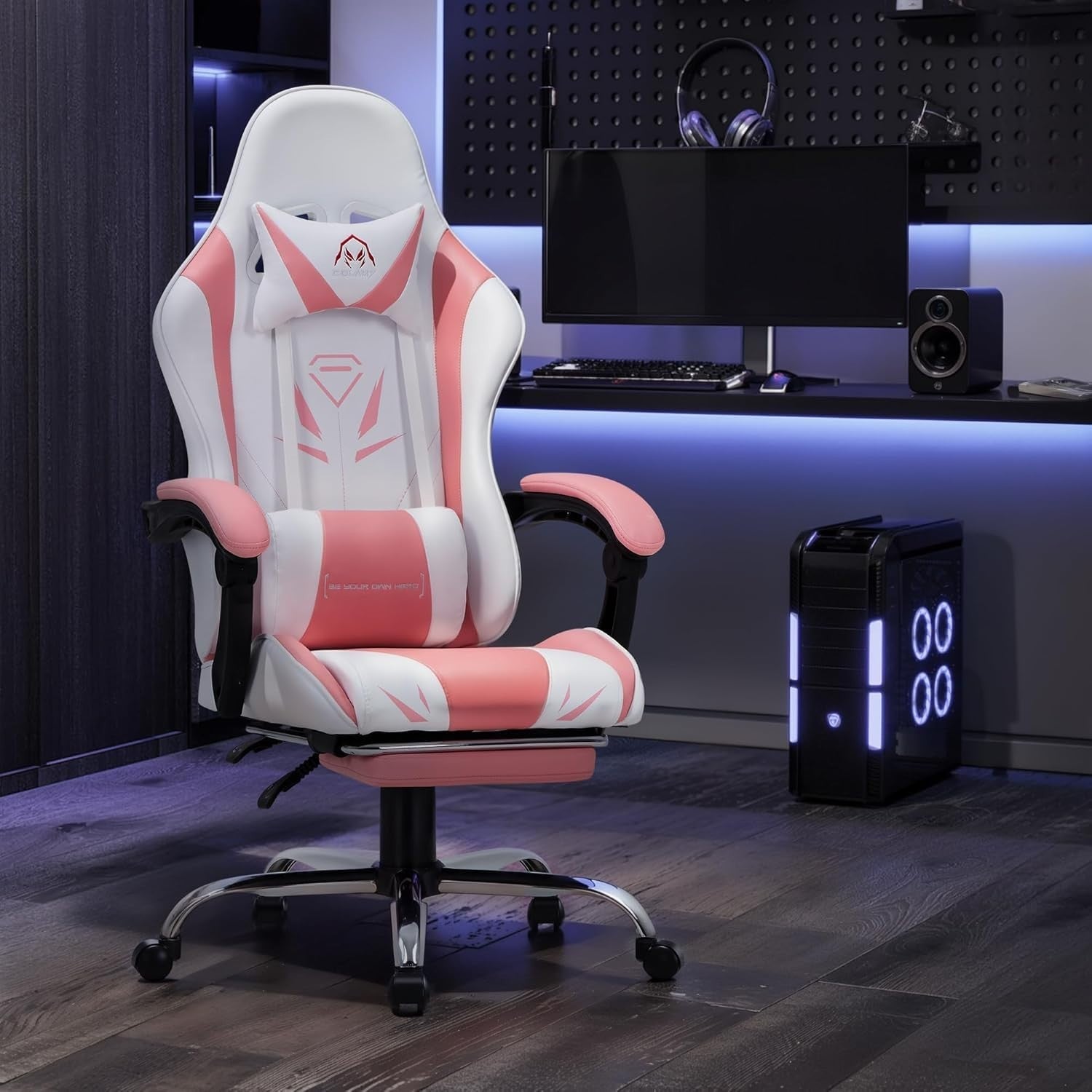 High-Back Pink Gaming Chair for PC/Video Gamers - Faux Leather Swivel Modern