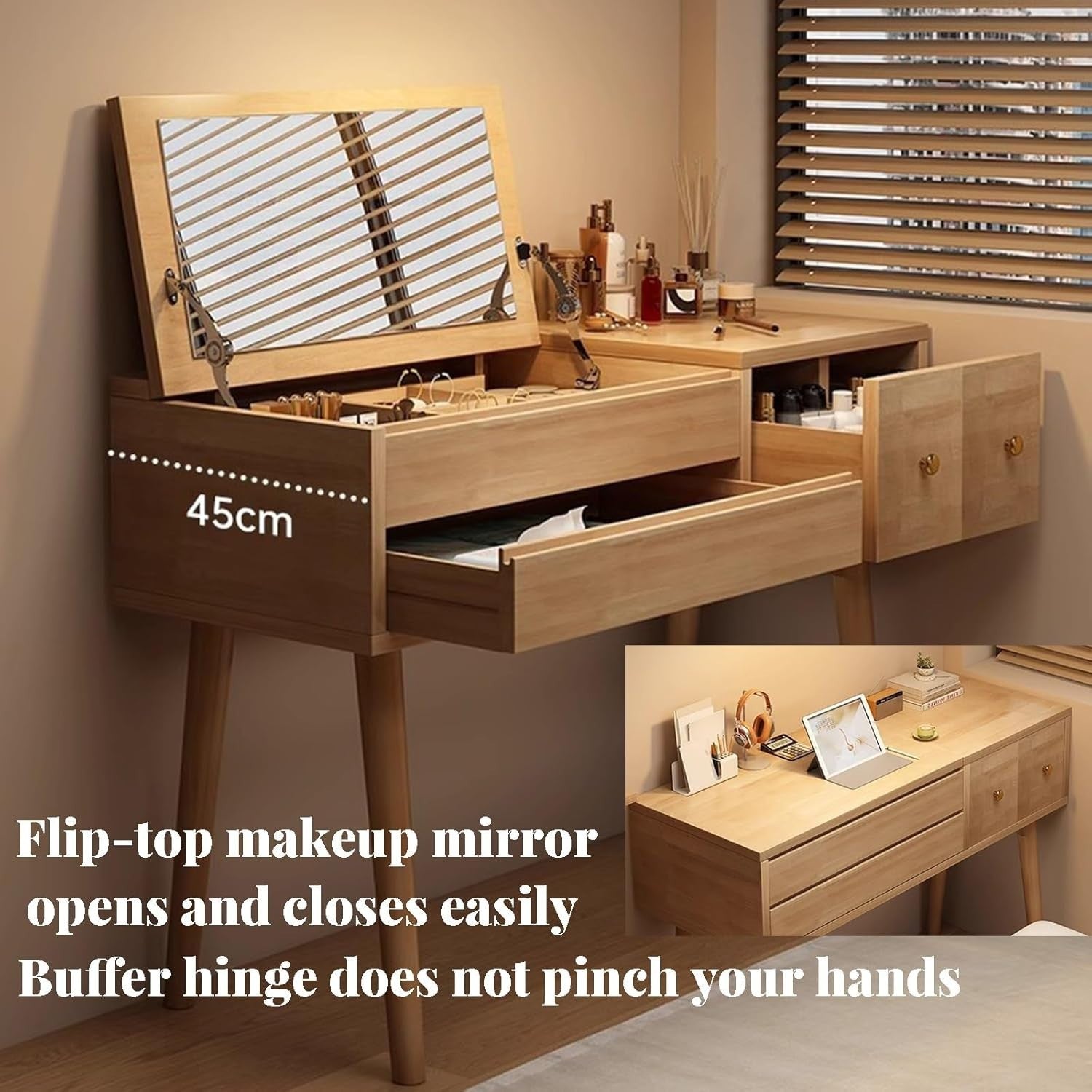Flip Top Dressing Table Makeup Vanity Desk Rubberwood Mirror Stool Set