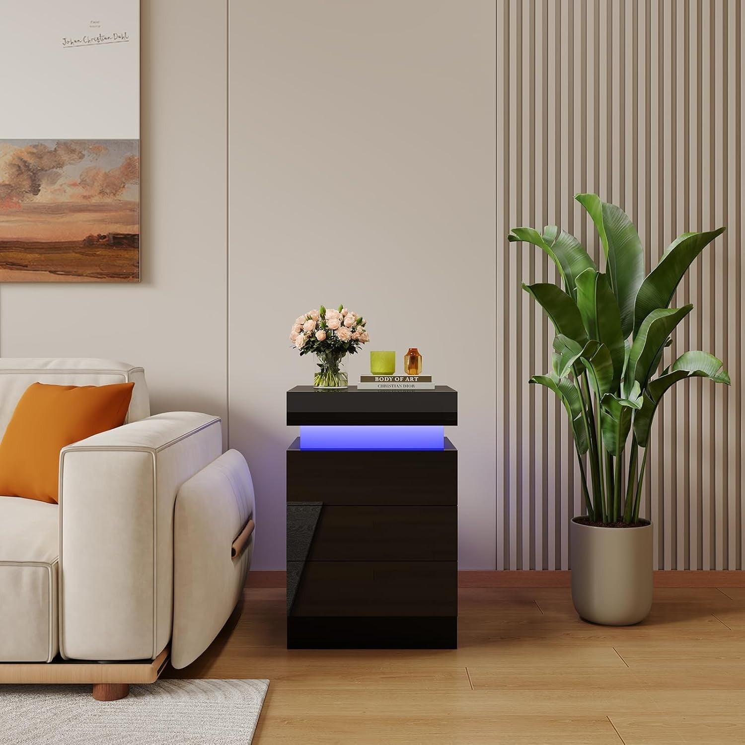 Black Gloss LED Bedside Table with Power Socket, USB Ports & 3 Drawers
