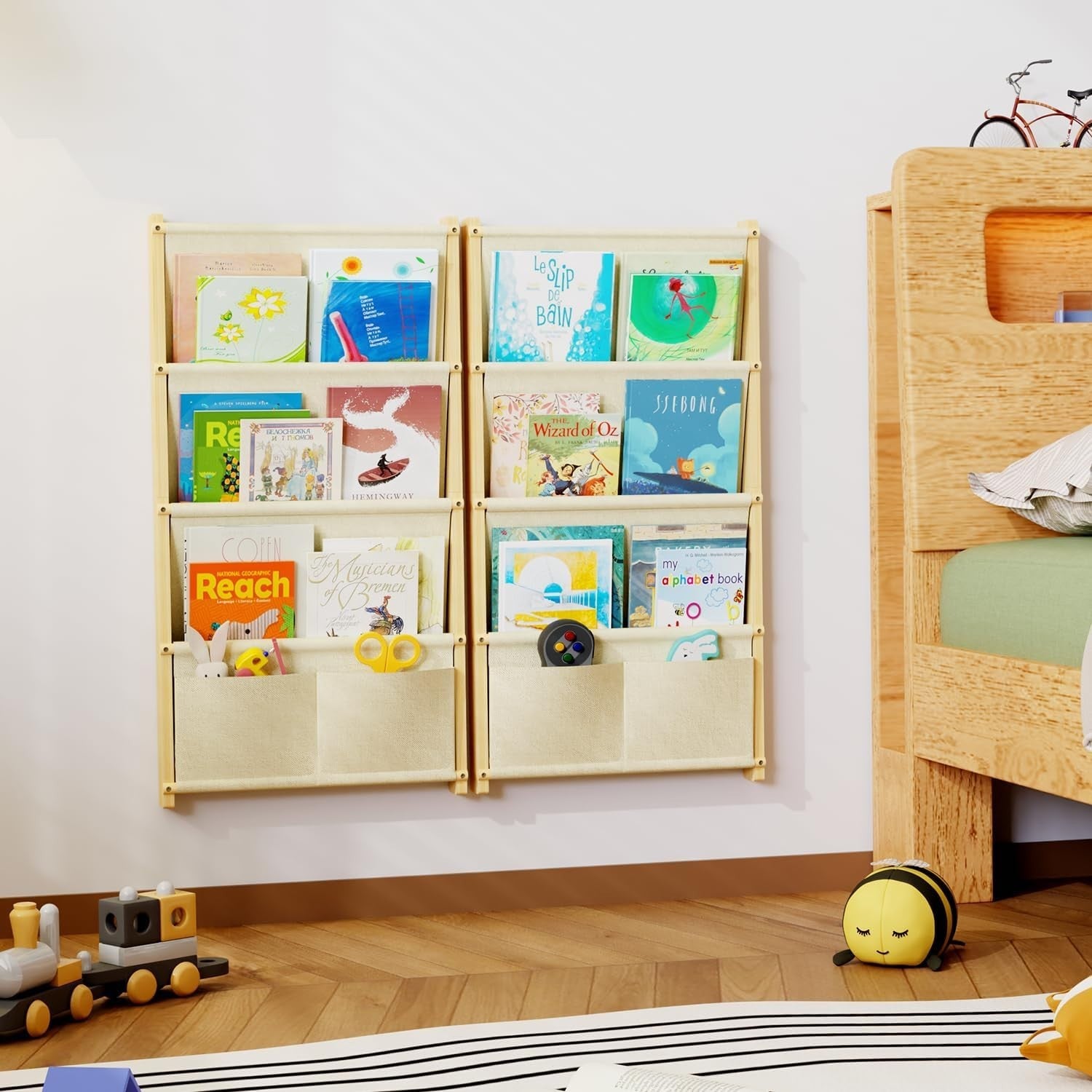 Wall Mounted Kids Bookshelf 4-Tier Solid Wood Floating Book Rack Organizer