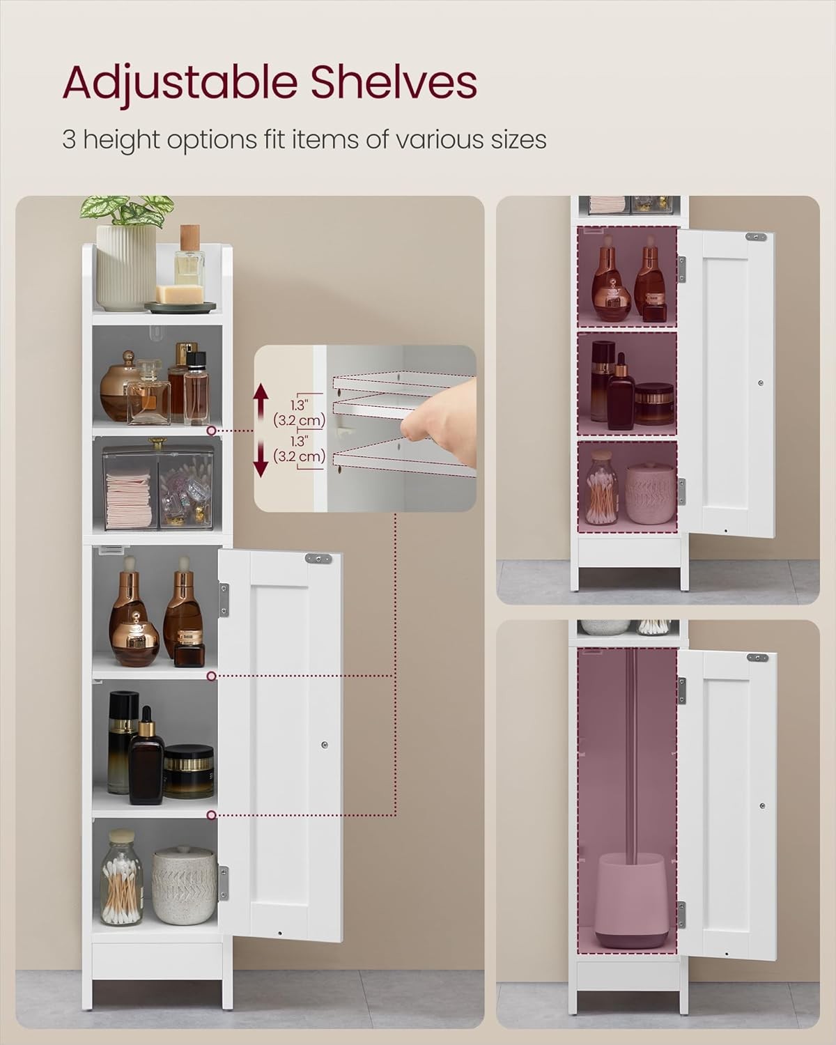 Slim White Bathroom Storage Cabinet with Door, Adjustable Shelves & Narrow Desig