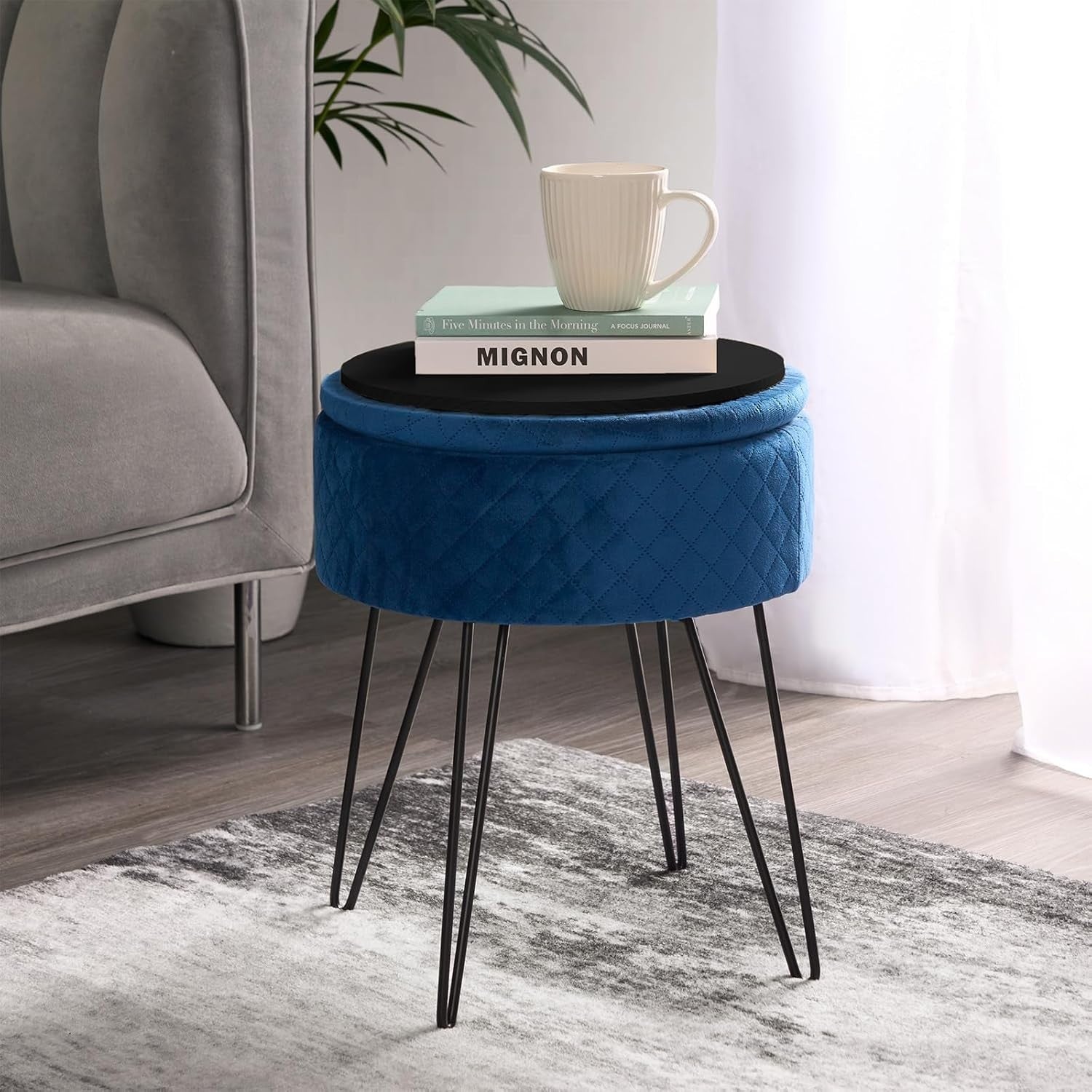 Navy Velvet Storage Stool Round Quilted Footrest Hairpin Leg Vanity Seat