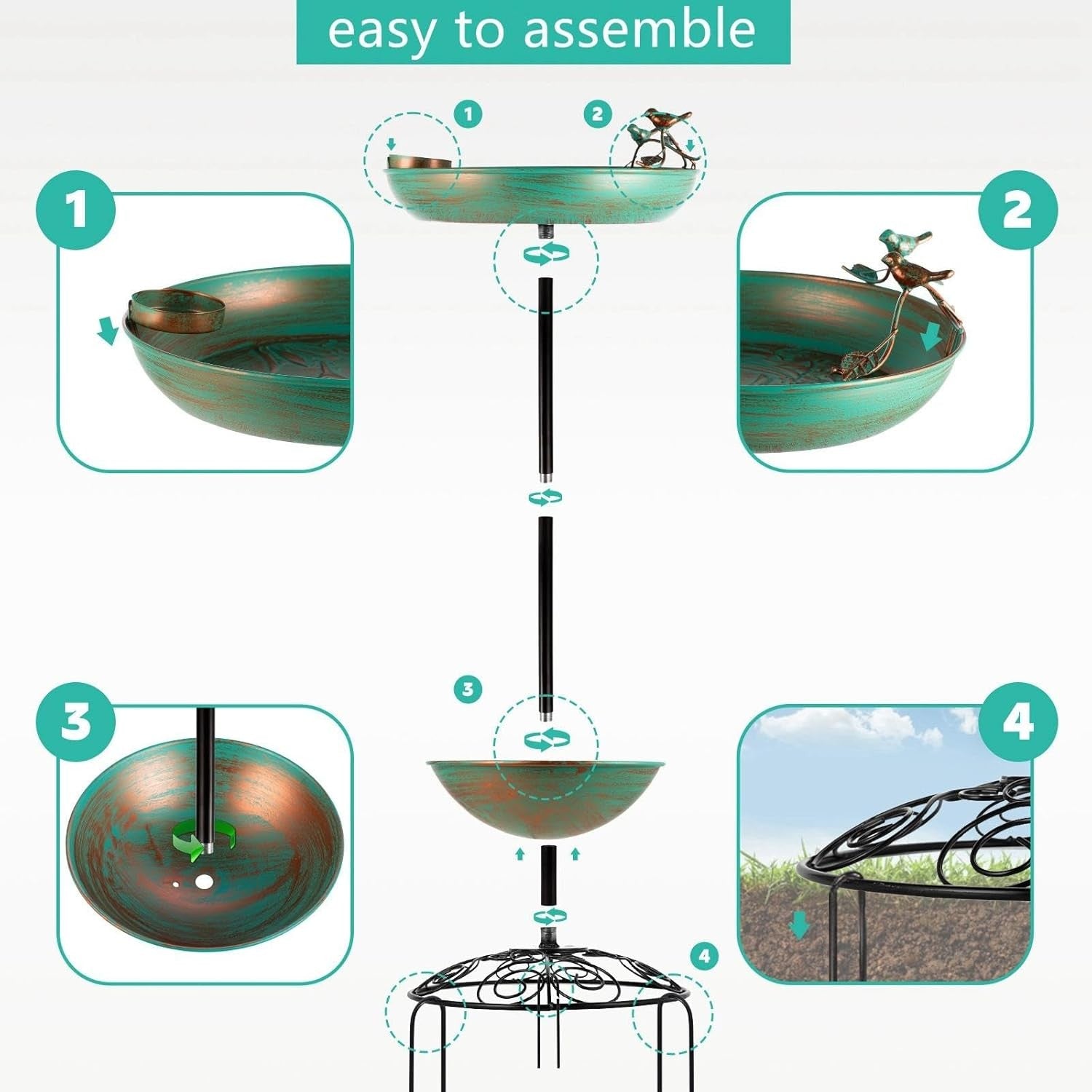 Wrought Iron Bird Bath Feeder Outdoor Garden Decor Double Bowl Stand
