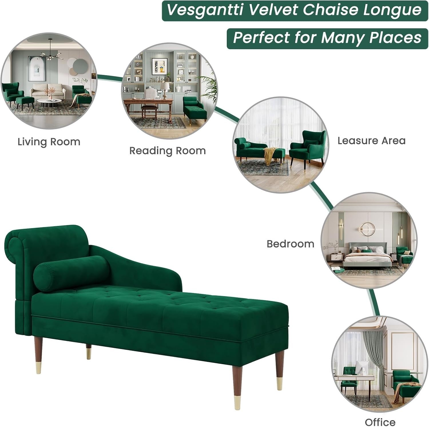 Velvet Chaise Lounge Sofa Green Left Armrest + Pillow Compact & Stylish